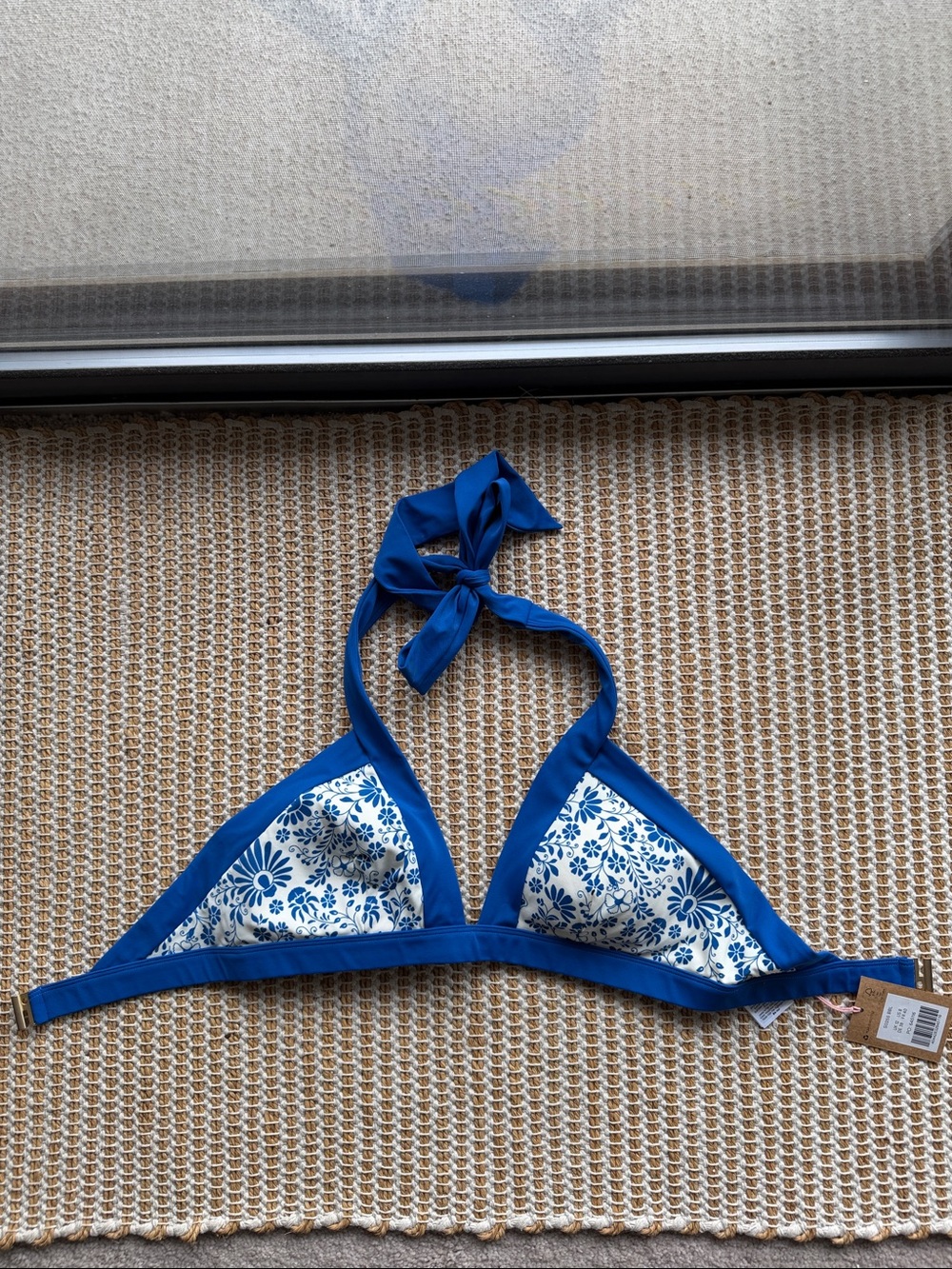 Boden Blue and White Floral Triangle Bikini Top
